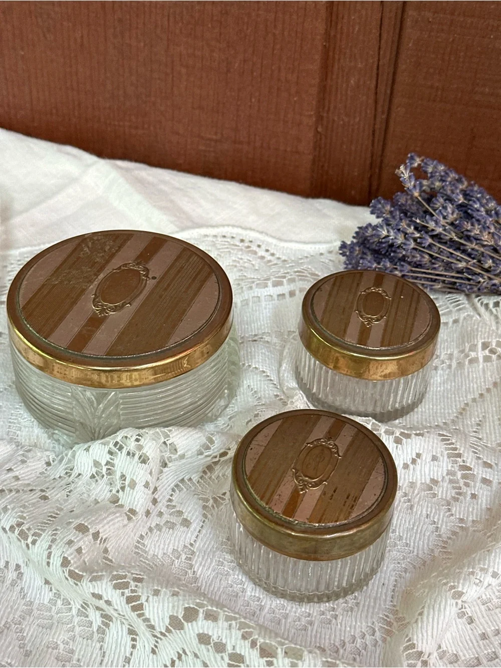 3-Piece Ribbed Clear Glass Vanity Powder Jar Set w/ Gold Tone Metal Lids